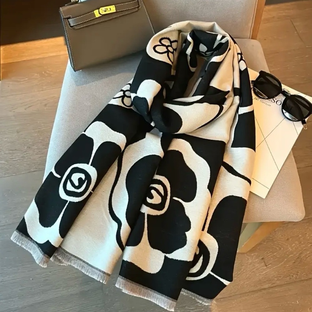 Black & White Floral Wrap Scarf - Picture 7 of 7